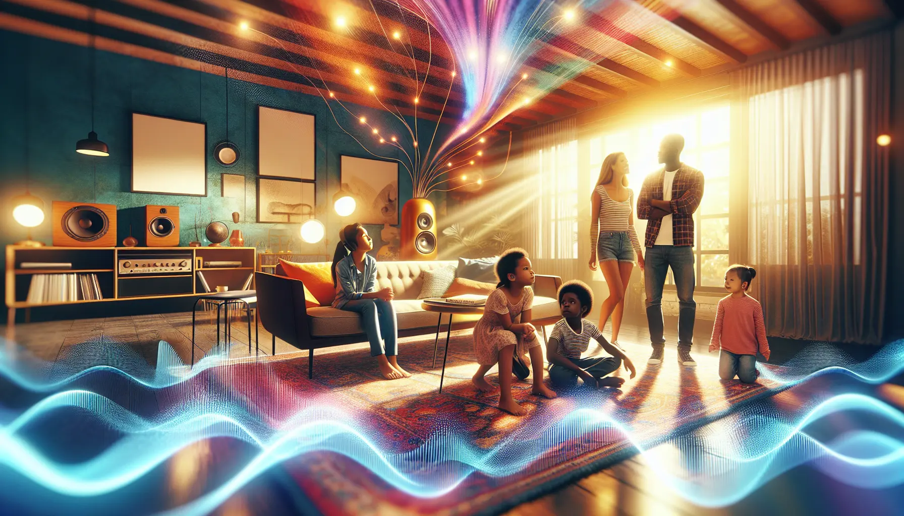 Una famiglia felice che ascolta musica insieme, circondata da note musicali colorate.