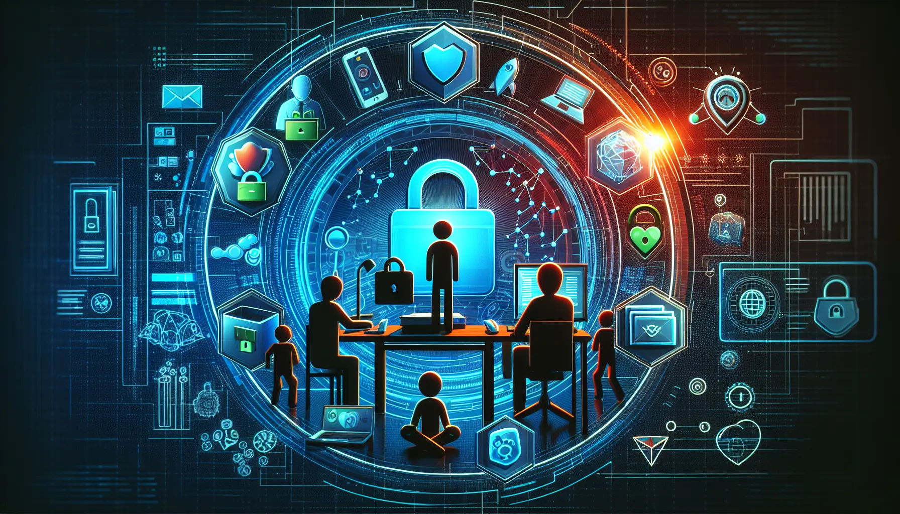 Genitore che utilizza un dispositivo digitale per monitorare la privacy online del figlio