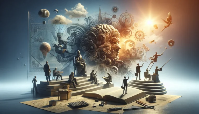 Un antico manoscritto storico aperto su un tavolo di legno, circondato da strumenti di scrittura e libri, simboleggiando la ricerca della conoscenza e della razionalità nel passato.