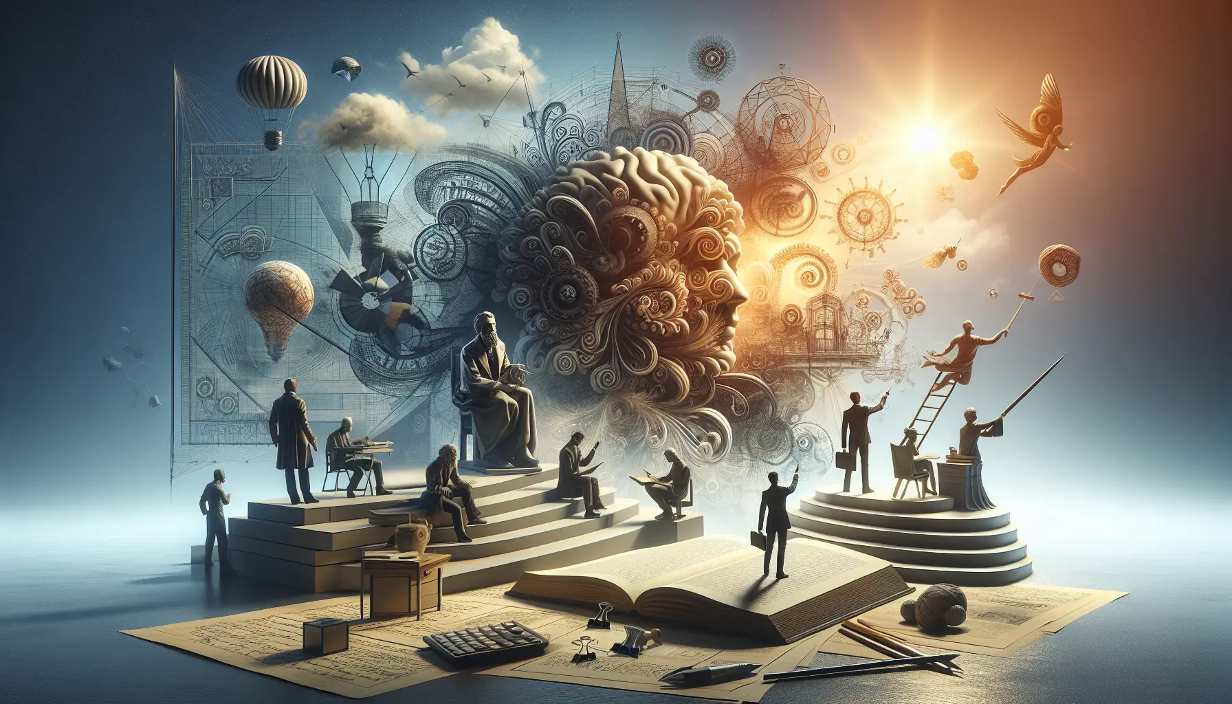 Un antico manoscritto storico aperto su un tavolo di legno, circondato da strumenti di scrittura e libri, simboleggiando la ricerca della conoscenza e della razionalità nel passato.