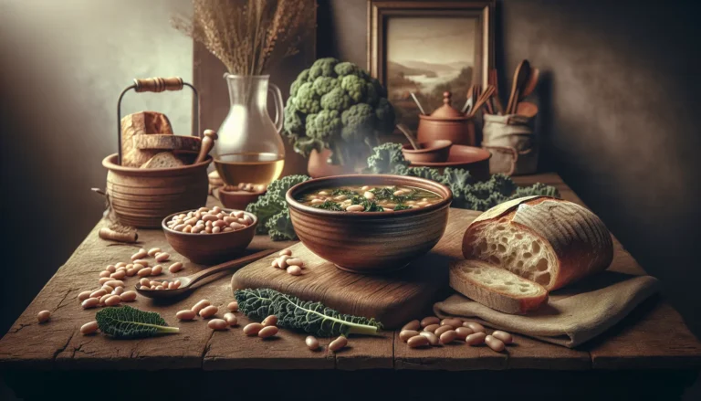 Una ciotola di Ribollita, zuppa tradizionale toscana, servita con pane e olio d'oliva