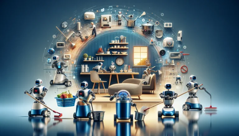 Un robot domestico che pulisce un pavimento in una casa moderna, rappresentando l'integrazione della tecnologia nella vita quotidiana.