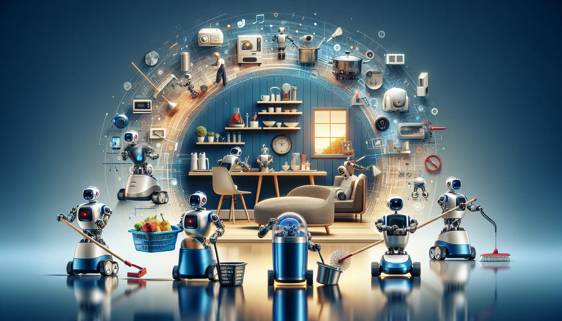 Un robot domestico che pulisce un pavimento in una casa moderna, rappresentando l'integrazione della tecnologia nella vita quotidiana.