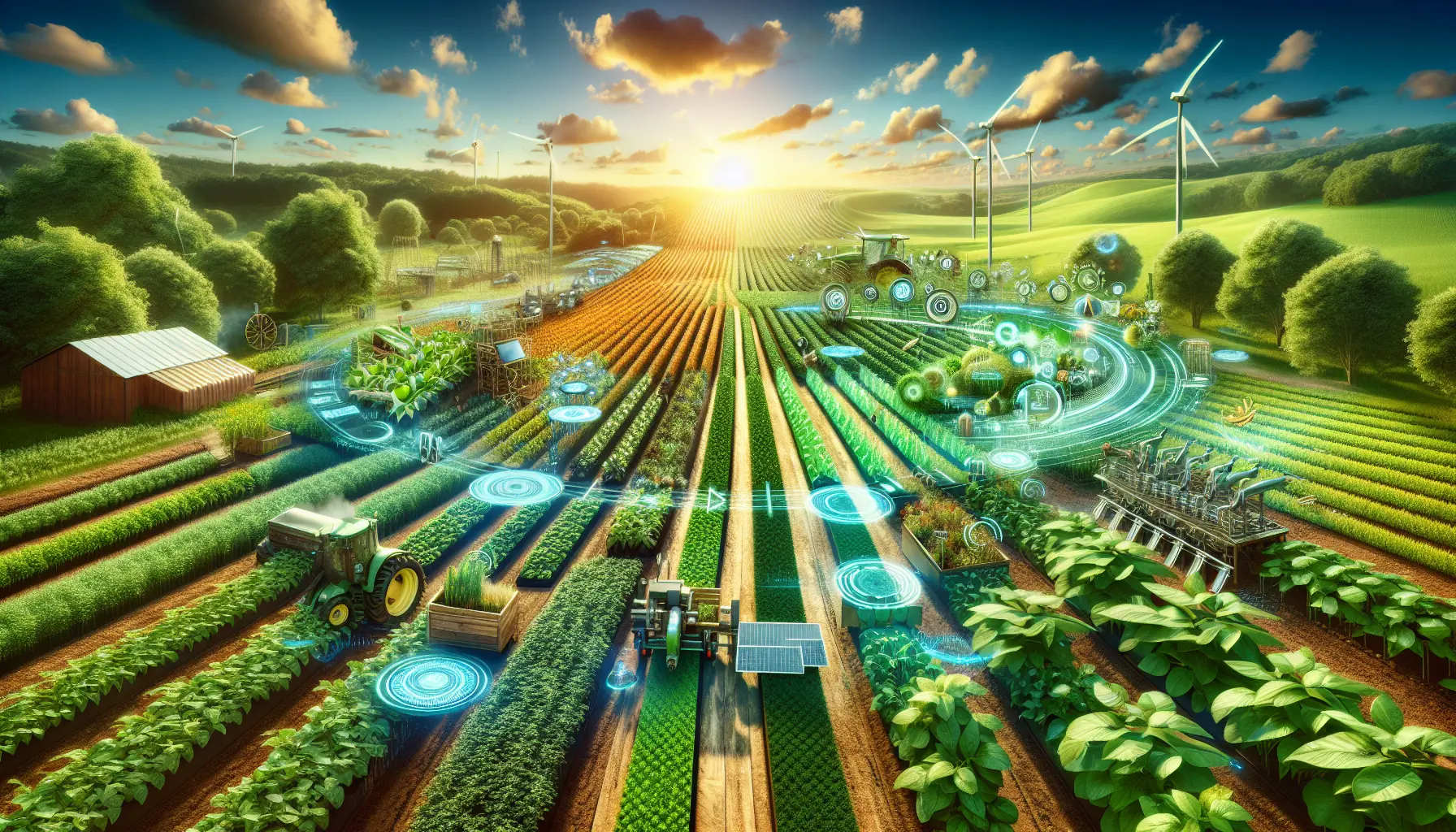 Campo agricolo sostenibile con diverse colture e tecnologie moderne