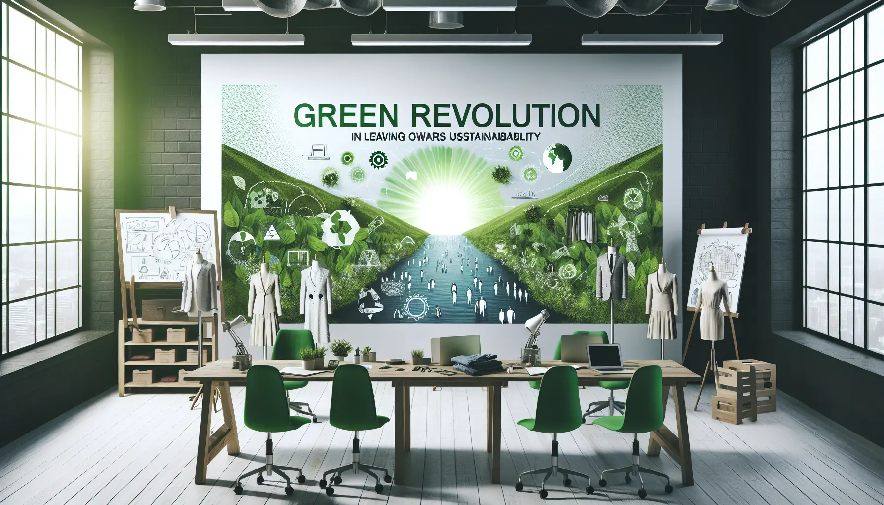 Un'immagine che rappresenta la moda sostenibile, con vestiti realizzati con materiali ecologici e un ambiente naturale.