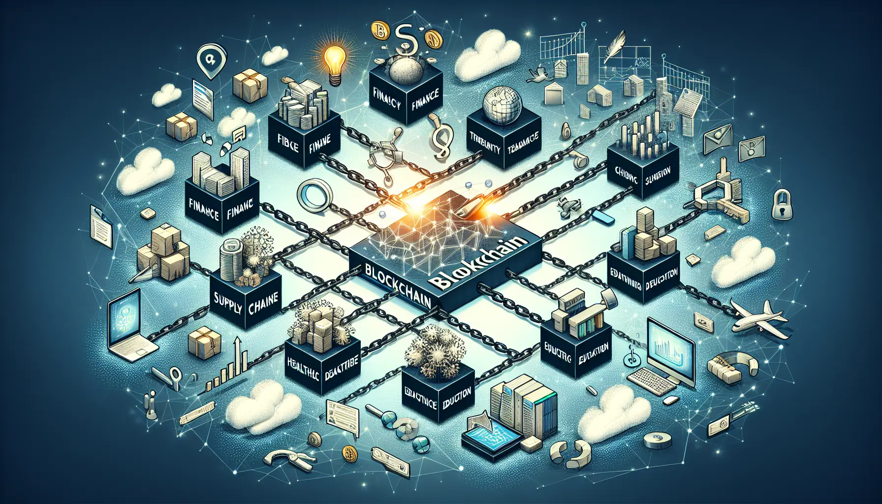 Rappresentazione visiva della tecnologia blockchain con elementi digitali e reti connesse.