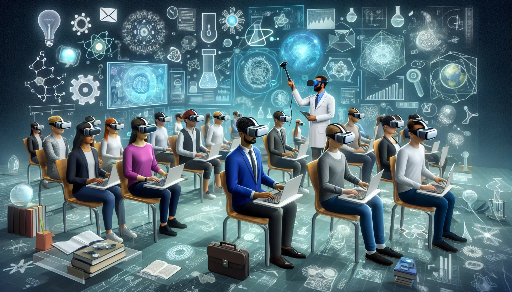 Studente che utilizza un visore di realtà virtuale per esplorare un laboratorio scientifico virtuale.