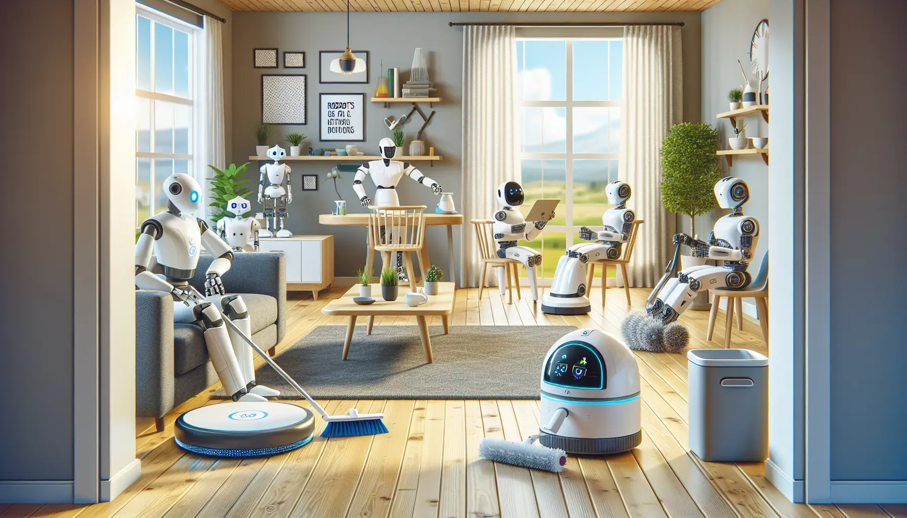 Un robot aspirapolvere che pulisce un pavimento di legno in una casa moderna