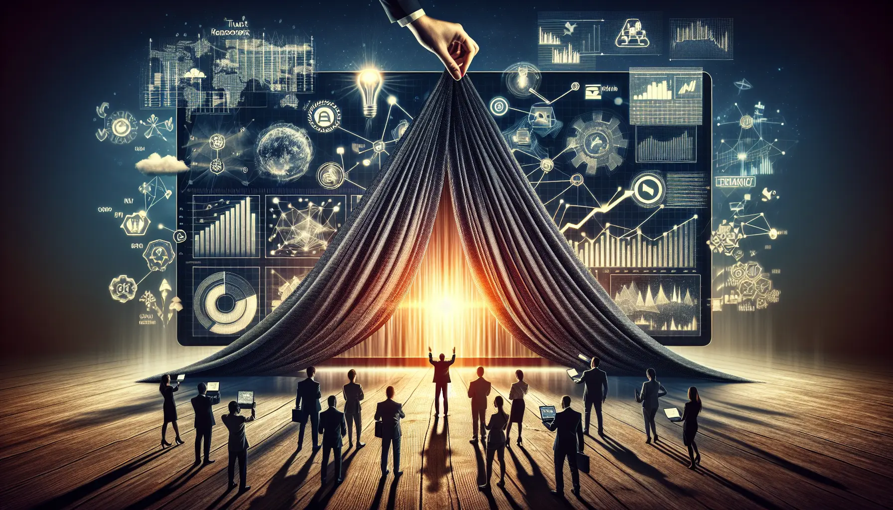 Un gruppo di professionisti discute attorno a un tavolo, con grafici e dati visibili su un laptop, simbolizzando la trasparenza organizzativa.