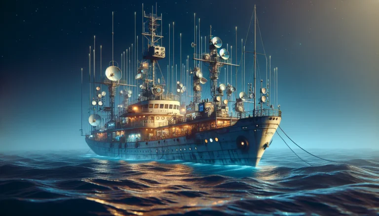 Immagine della nave Elettra, simbolo di innovazione nella radiofonia, con attrezzature di comunicazione all'avanguardia.
