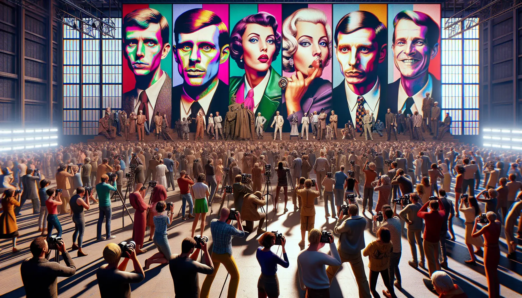 Ritratto di Andy Warhol con opere d'arte iconiche sullo sfondo, rappresentando la sua influenza sulla cultura contemporanea.