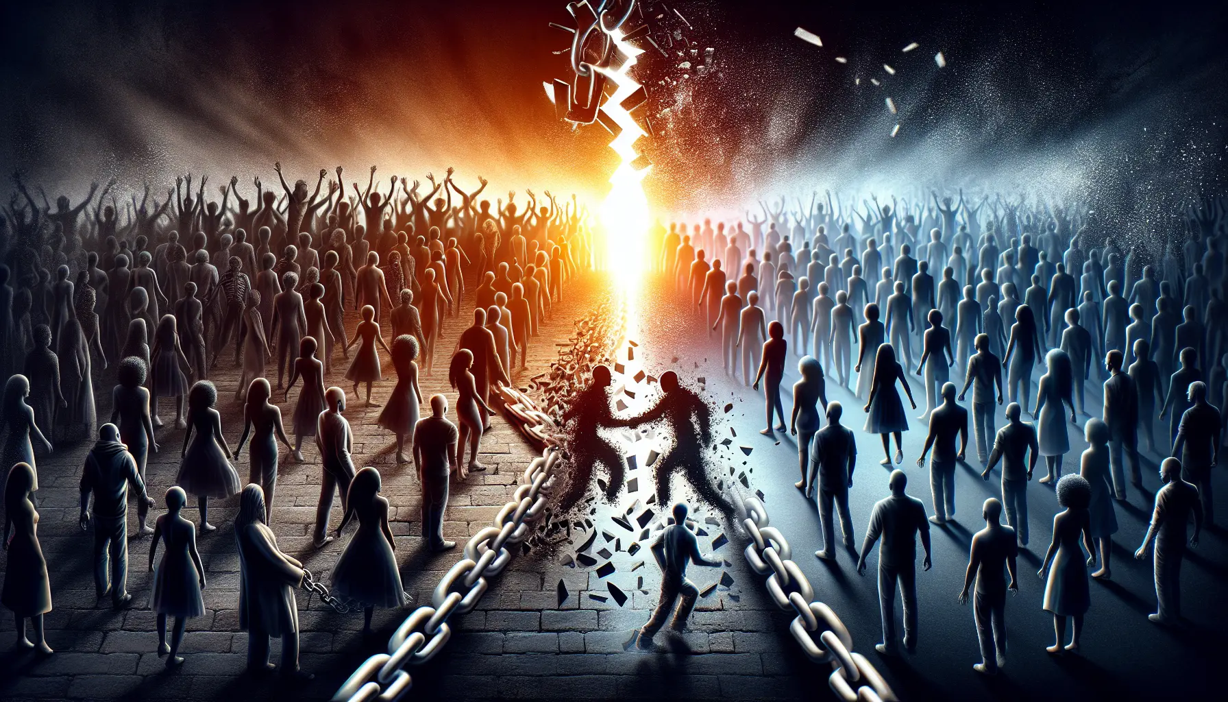 Un'immagine simbolica che rappresenta la lotta contro la schiavitù, mostrando una catena spezzata e una mano che si libera.