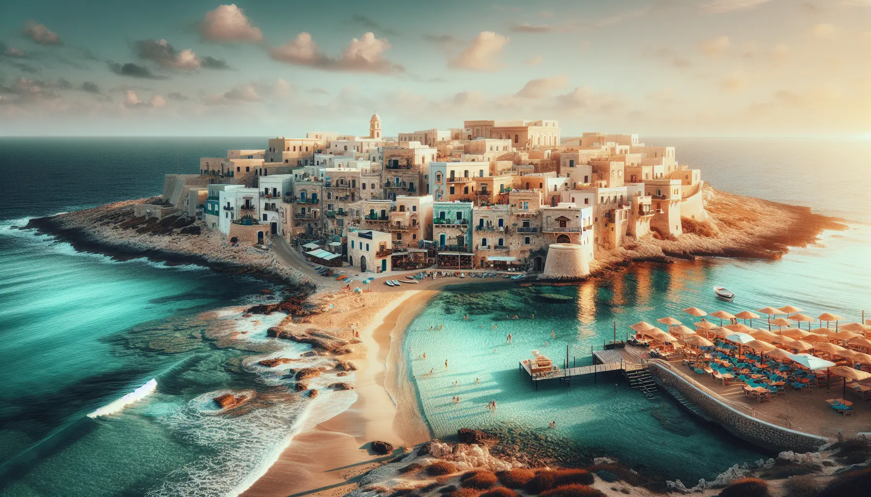 Vista panoramica di Rabbit Beach a Lampedusa, con acque cristalline e sabbia bianca, circondata da scogliere e vegetazione mediterranea.
