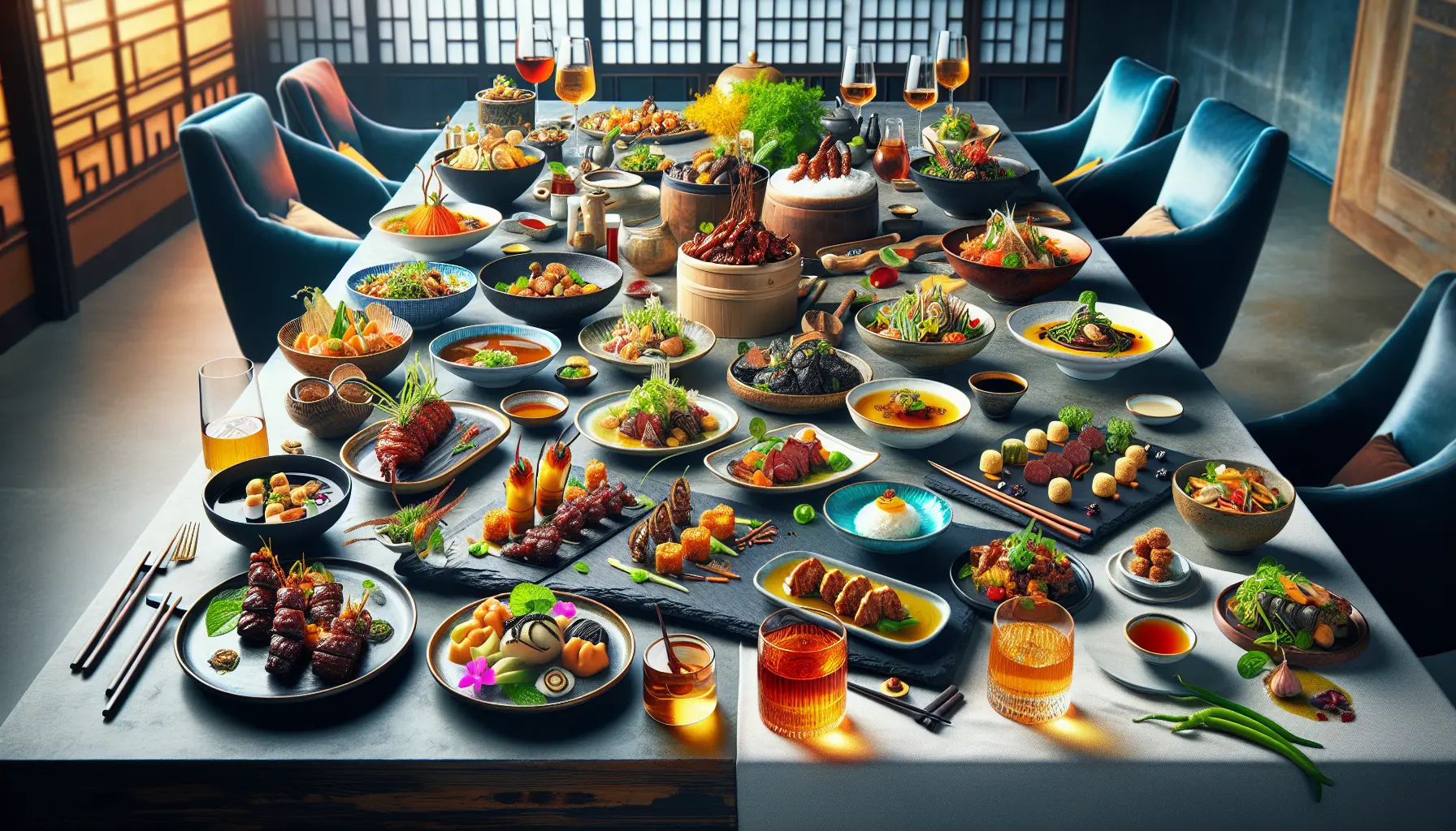 Un piatto di sushi colorato e raffinato con ingredienti freschi e decorazioni artistiche.