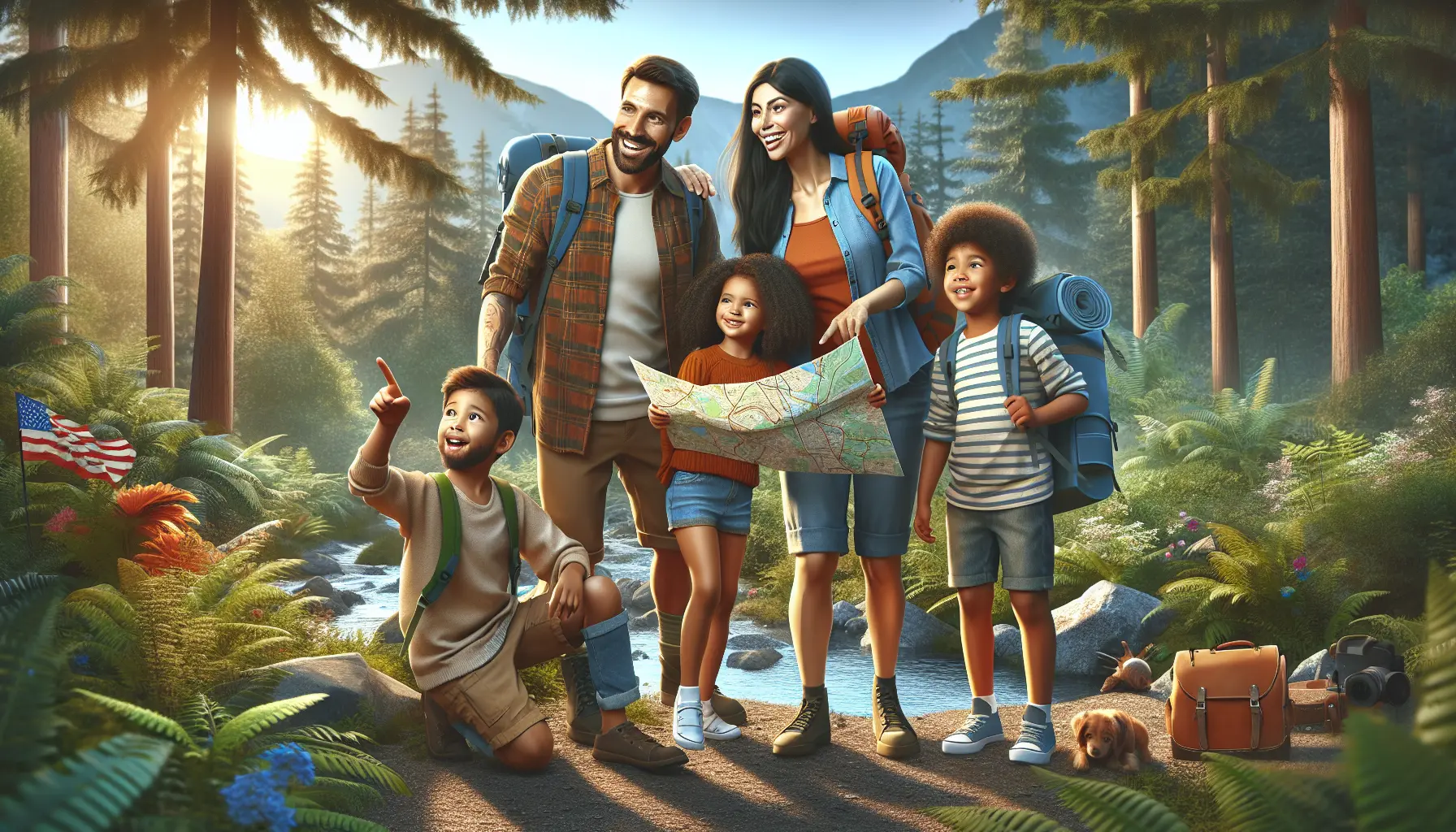 Una famiglia felice esplora una nuova destinazione insieme, immersa nella natura e nella cultura locale.