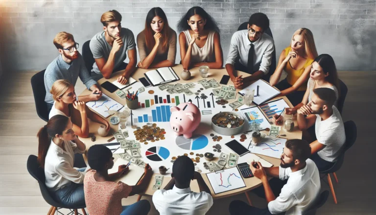 Un giovane che riflette sulle proprie scelte finanziarie, circondato da simboli di cultura e denaro.