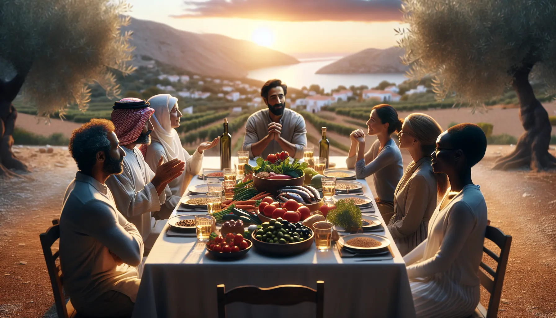 Un tavolo imbandito con piatti tipici della dieta mediterranea, tra cui frutta, verdura, pesce e olio d'oliva.