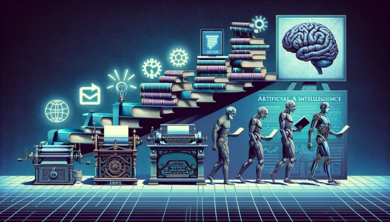 Un collage che rappresenta la stampa di Gutenberg, l'Enciclopedia e l'intelligenza artificiale, simboli delle innovazioni nella comunicazione.