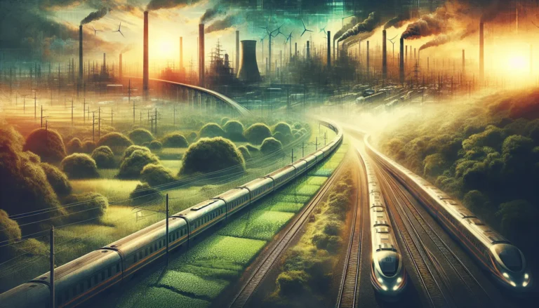 Un treno elettrico moderno in corsa attraverso un paesaggio naturale, simbolo della sostenibilità nel trasporto ferroviario.