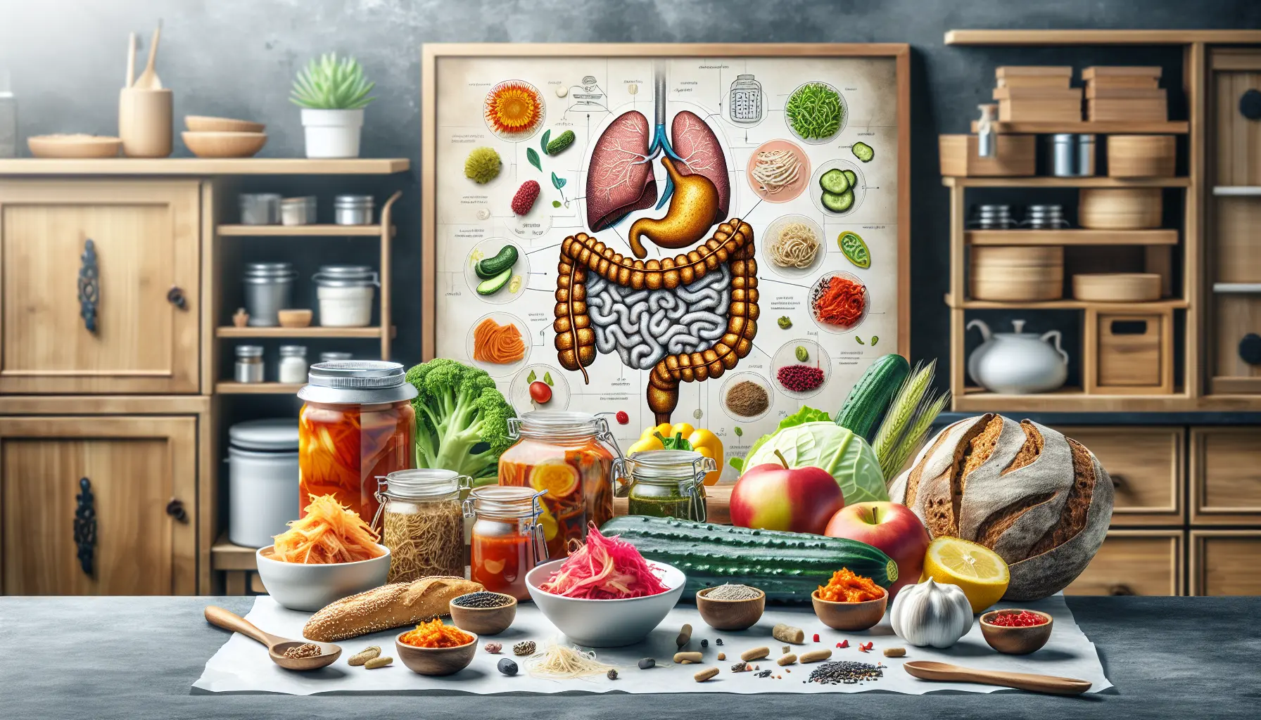 Barattoli di verdure fermentate in una cucina, simbolo di salute e benessere intestinale.