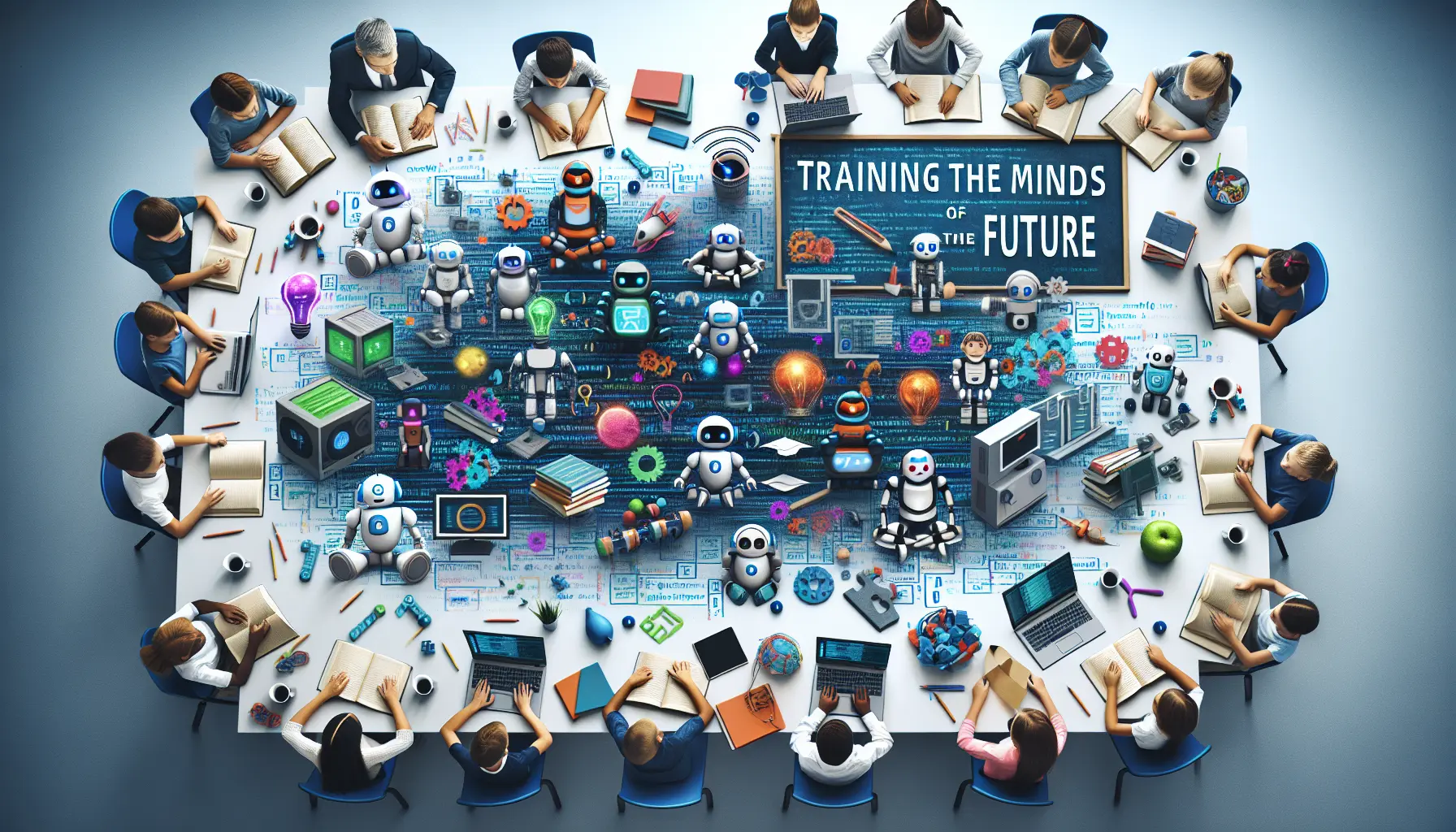 Studenti che apprendono coding e robotica in aula, utilizzando computer e robot per sviluppare competenze tecnologiche.