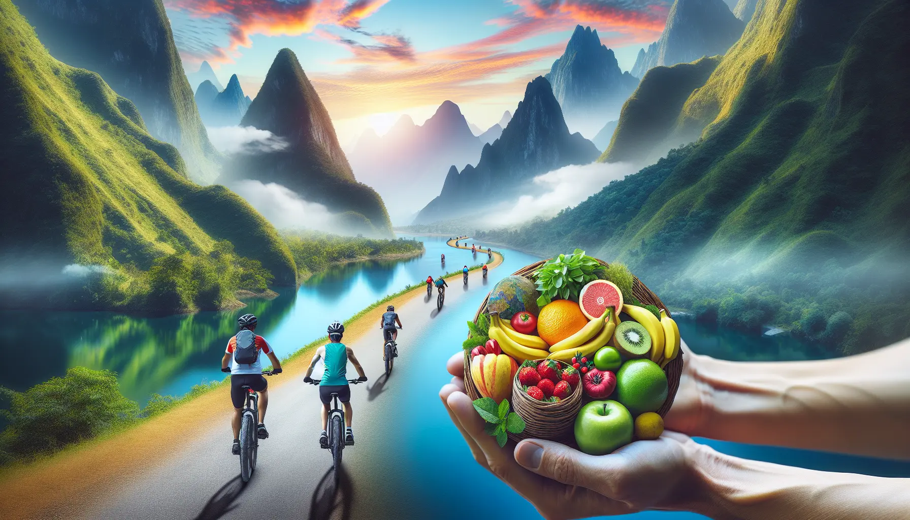 Ciclista che pedala attraverso un paesaggio naturale, circondato da colline verdi e fiori selvatici.