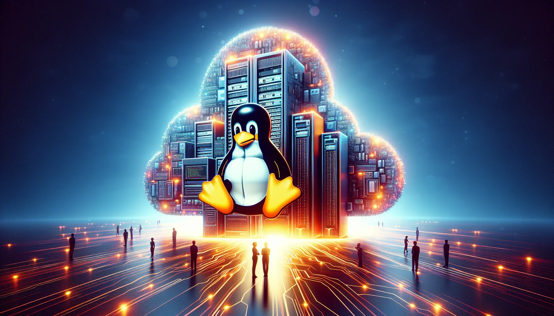 Un'immagine che rappresenta il kernel Linux e il software GIT, con schermi di codice e sviluppatori al lavoro.