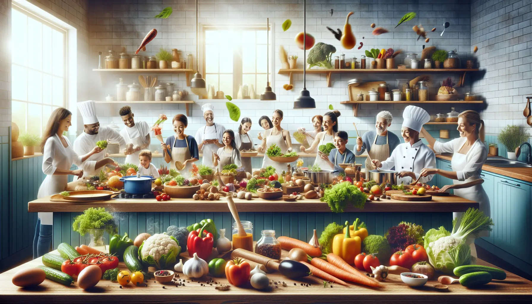 Un tavolo imbandito con piatti tradizionali, frutta e verdura fresche, che rappresentano la cucina tradizionale e la salute.
