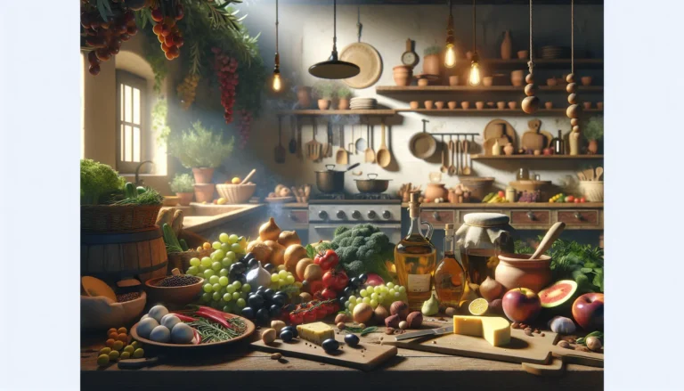 Piatto tipico della dieta mediterranea con frutta, verdura, pesce e olio d'oliva