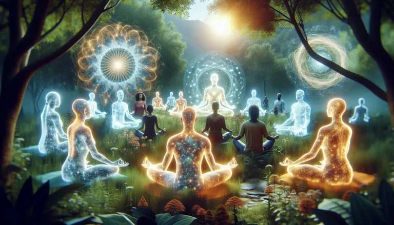 Una persona in meditazione in un ambiente sereno, circondata dalla natura, che riflette la calma e la consapevolezza.