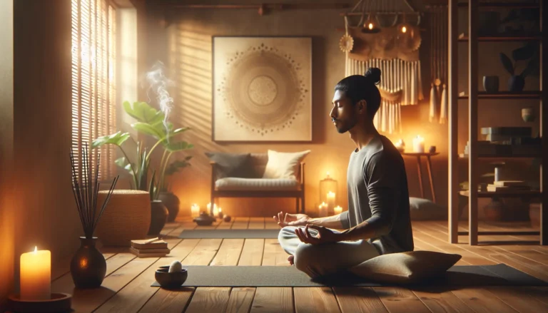 Una persona che medita in un ambiente tranquillo, circondata dalla natura, rappresentando la pratica della mindfulness.