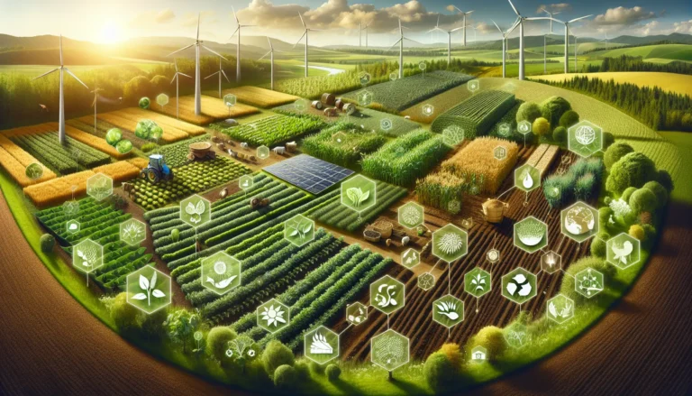 Campo di coltivazioni sostenibili con piante verdi e fiori colorati, simbolo di agricoltura responsabile.