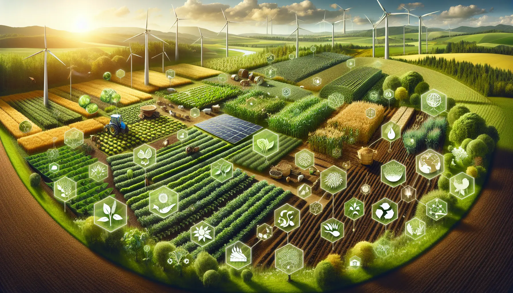 Campo di coltivazioni sostenibili con piante verdi e fiori colorati, simbolo di agricoltura responsabile.