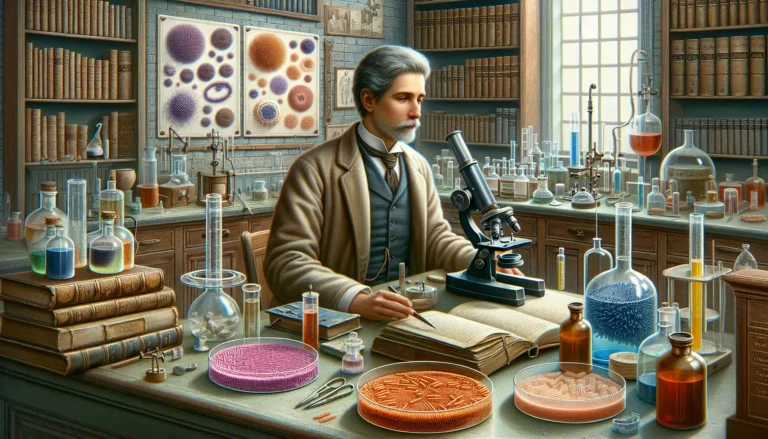 Ritratto di Robert Koch con strumenti di laboratorio, simbolo della microbiologia e della medicina moderna.