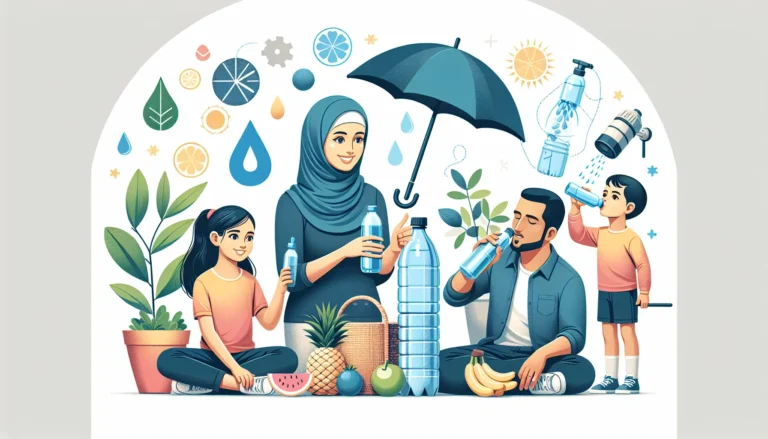 Una famiglia felice che beve acqua insieme, simbolo di salute e idratazione.