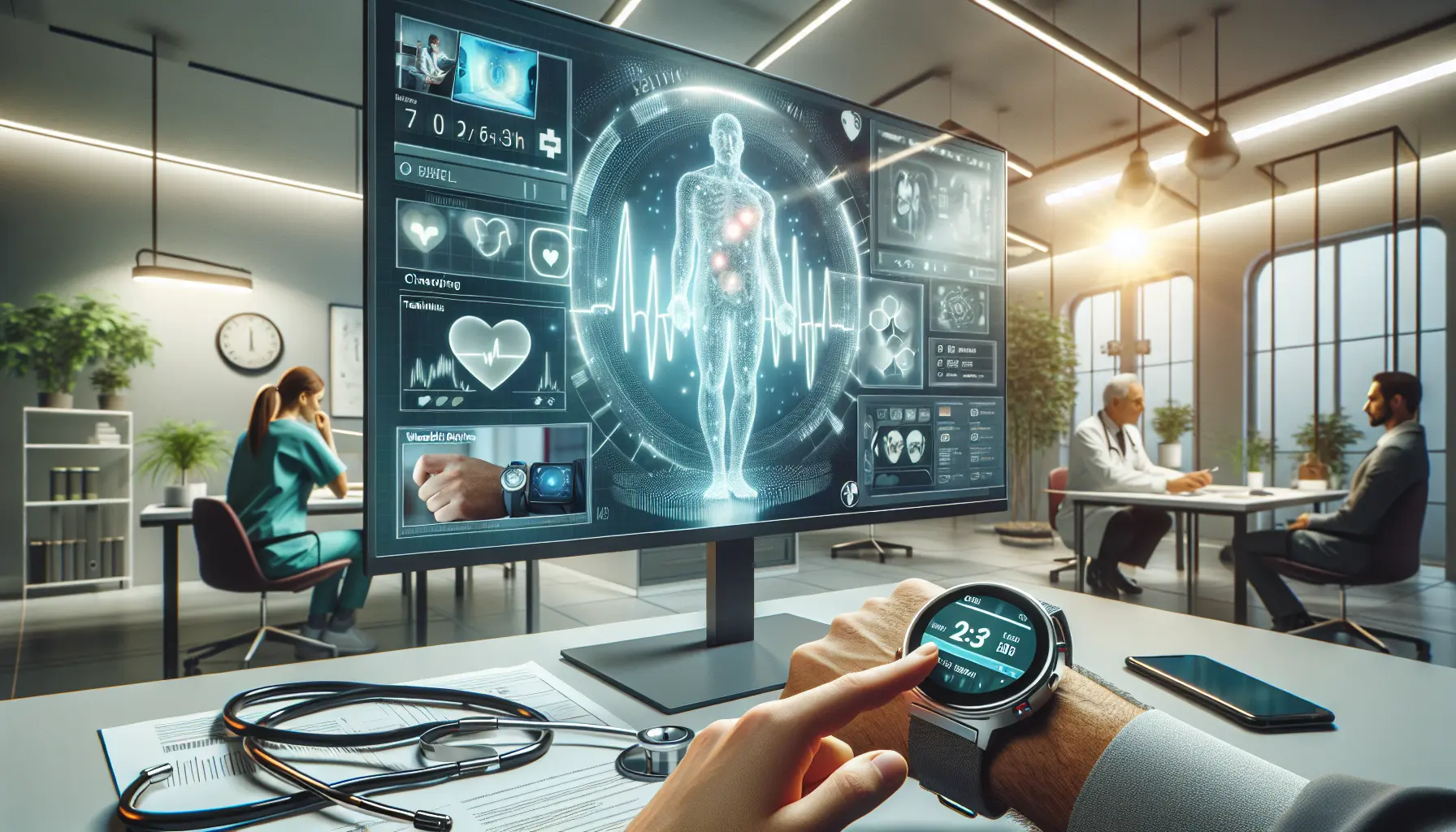Rappresentazione grafica di dispositivi innovativi per la salute, come smartwatch e app di telemedicina.