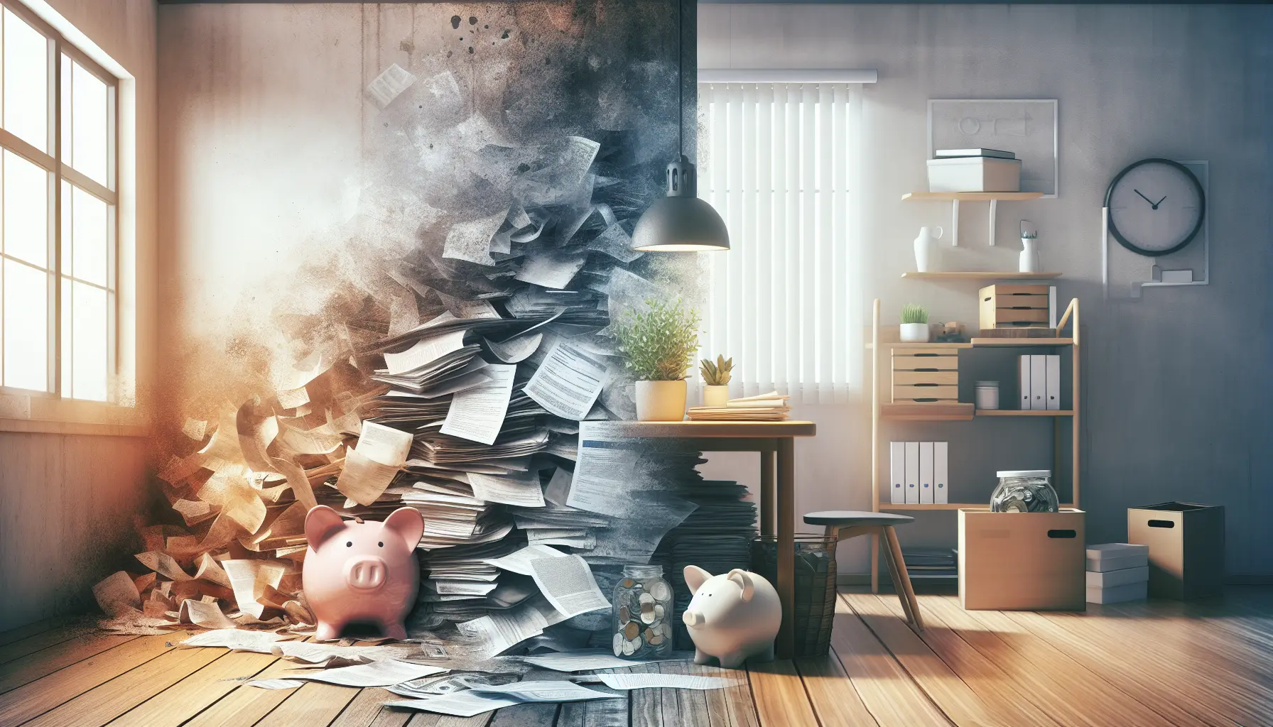 Una persona che fa decluttering in casa, circondata da oggetti che non utilizza più, rappresentando il concetto di minimalismo e risparmio.