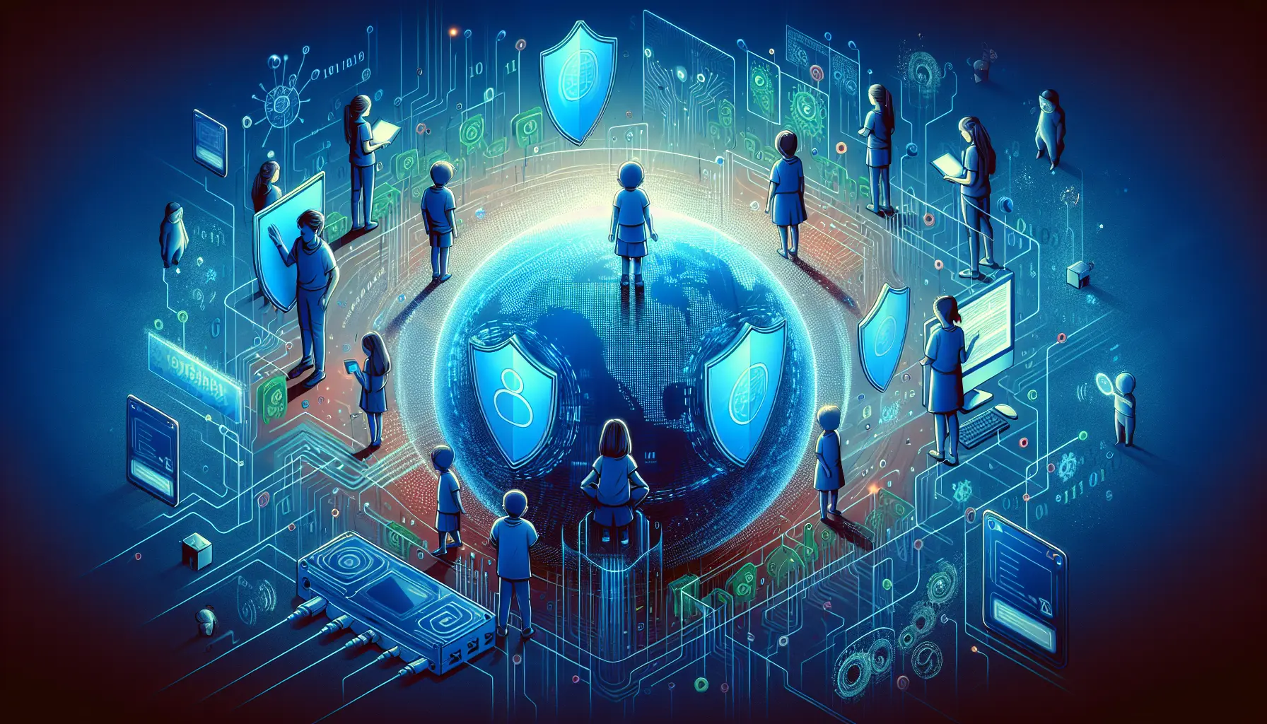 Un genitore spiega a un bambino come navigare in sicurezza online, mostrando dispositivi con impostazioni di privacy.