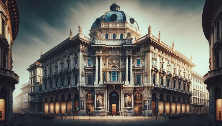 Vista del Palazzo Belgioioso a Milano con la sua architettura neoclassica e i giardini circostanti.