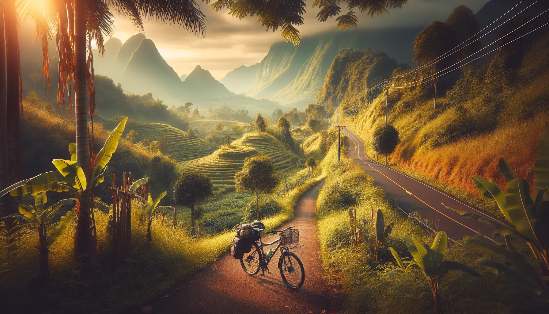 Un ciclista che pedala attraverso un paesaggio naturale, circondato da alberi e colline verdi.