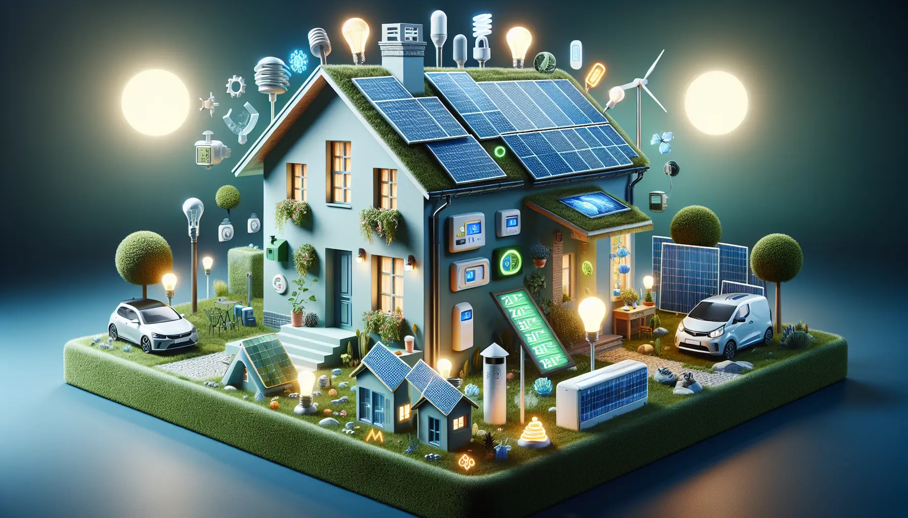 Una casa ecologica con pannelli solari e giardino verde, simbolo di sostenibilità e risparmio energetico.