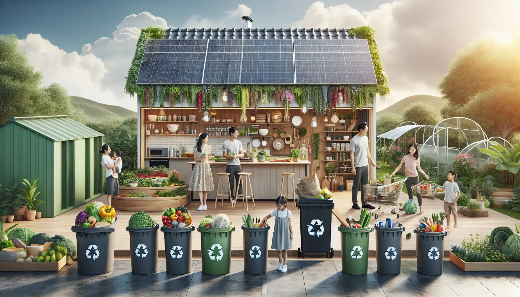 Una famiglia felice che pratica la sostenibilità in giardino, piantando alberi e coltivando un orto.