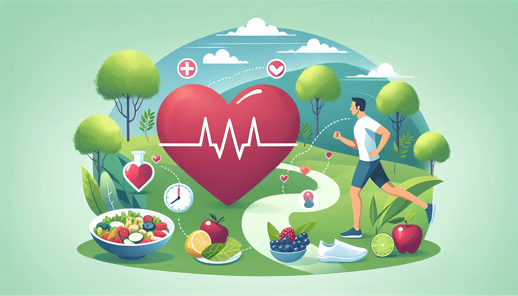 Un cuore sano rappresentato da frutta e verdura colorate, simbolo di uno stile di vita salutare.