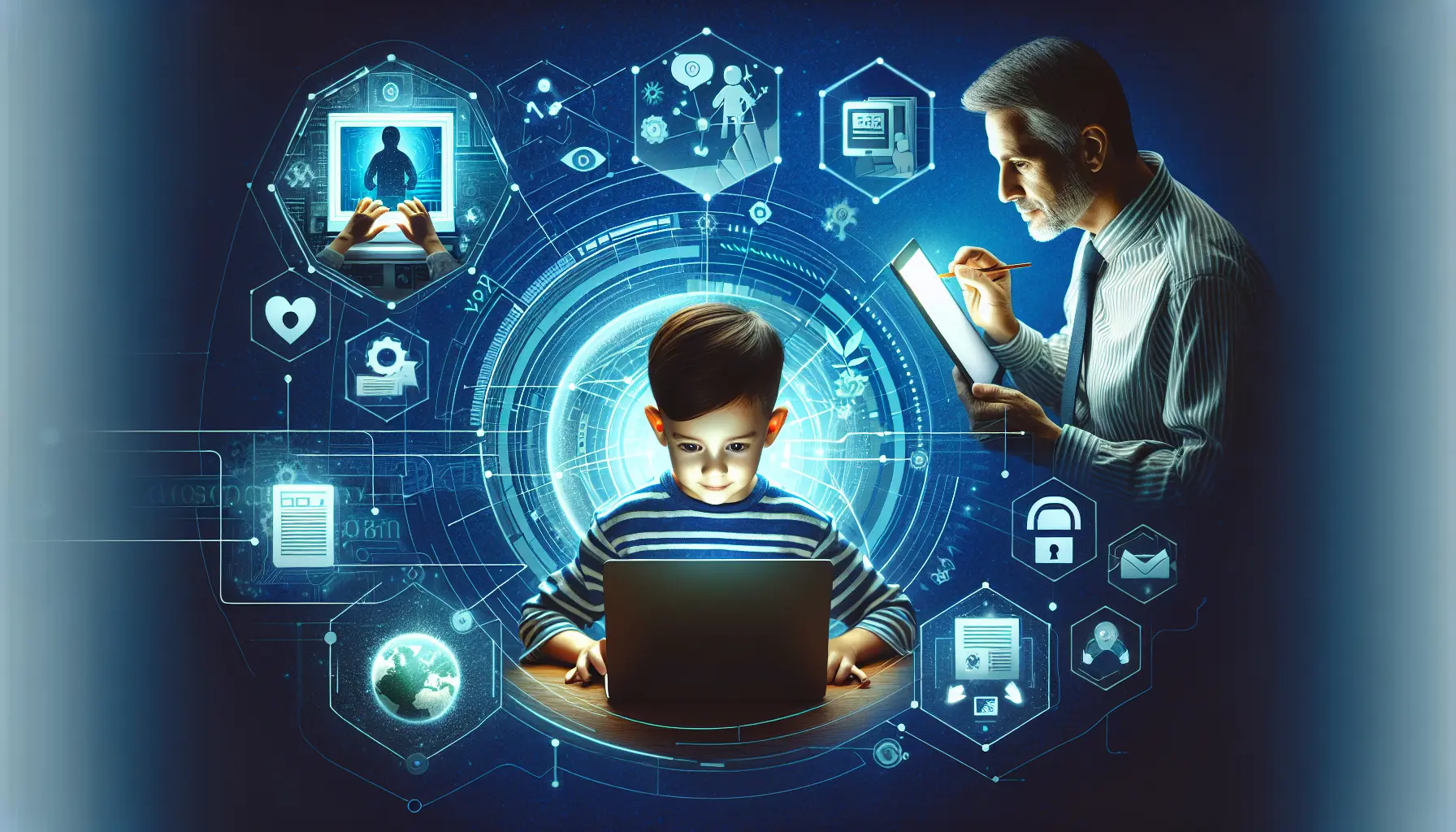 Un genitore che utilizza un dispositivo per monitorare la privacy online dei propri figli