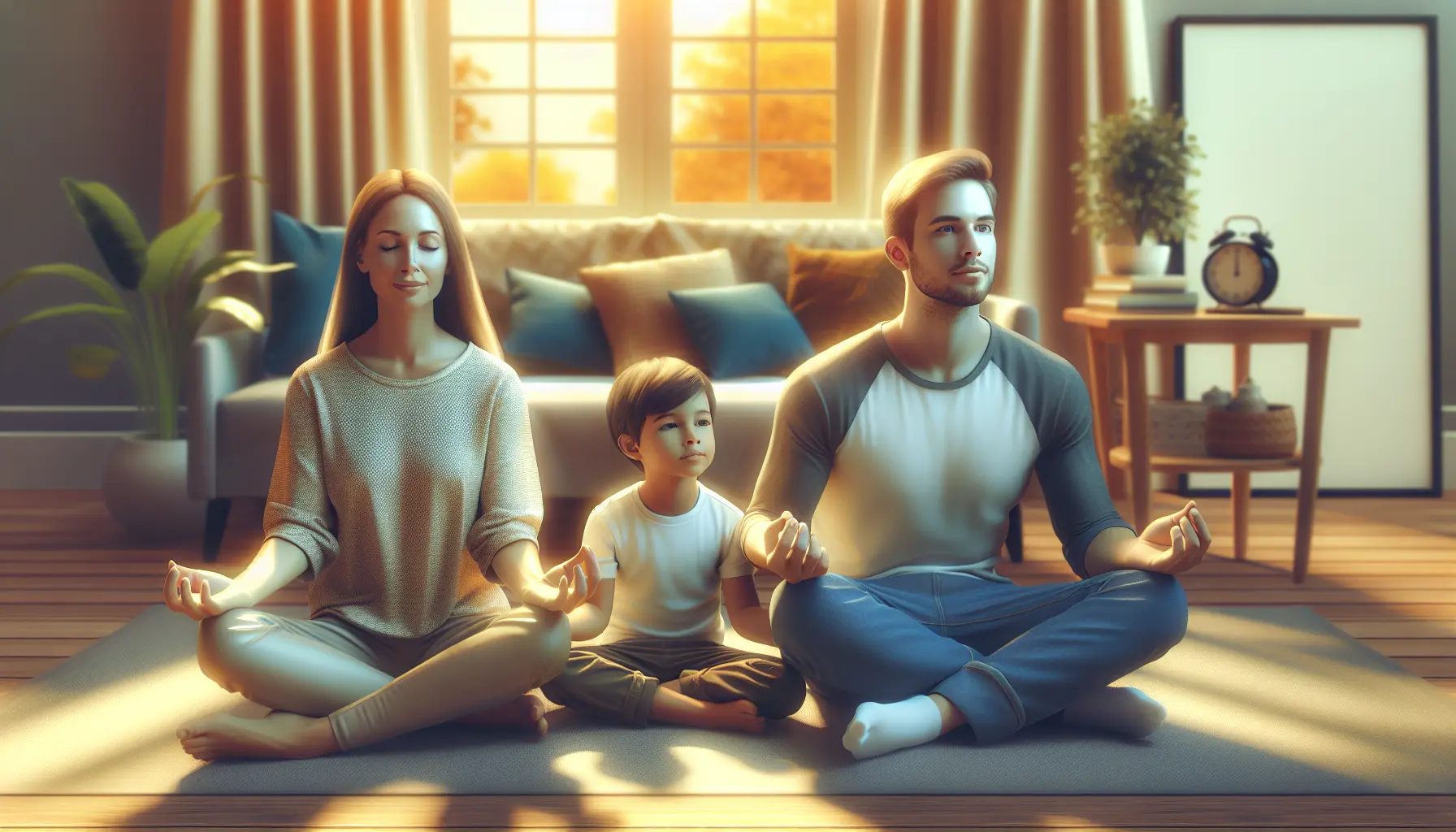 Una famiglia che pratica la respirazione consapevole insieme in un ambiente sereno.