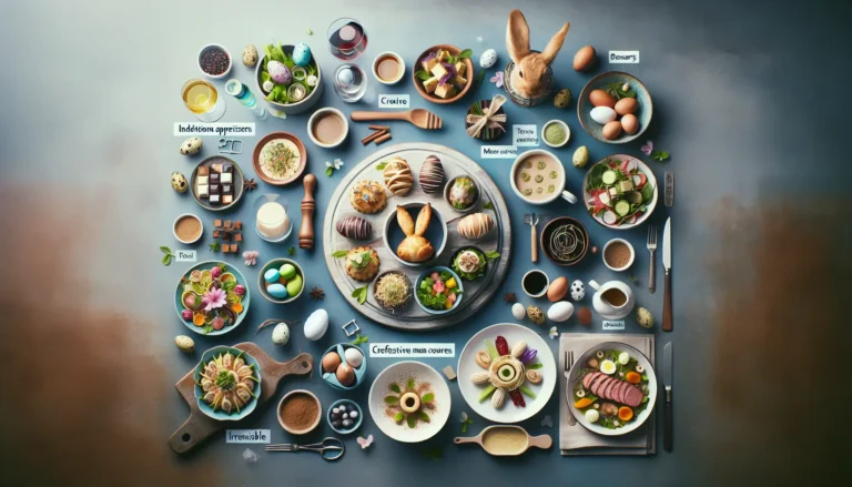 Tavola imbandita con piatti pasquali originali e colorati