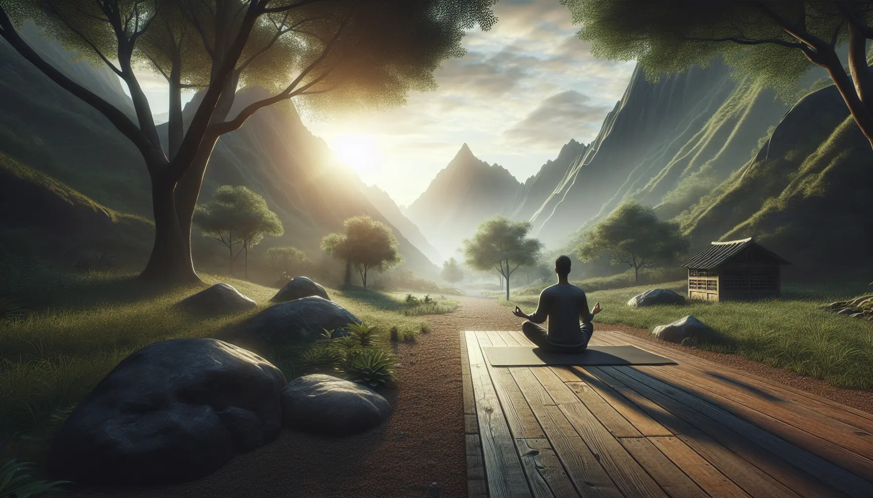 Una persona che pratica meditazione in un ambiente naturale, circondata da alberi e fiori, simbolo di relax e benessere mentale.