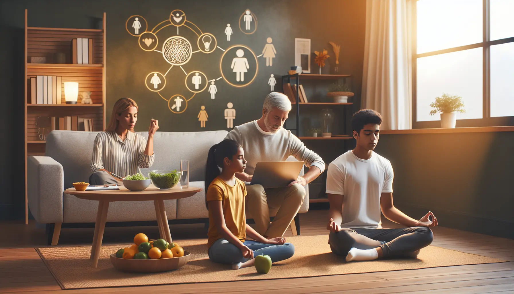 Un'immagine che rappresenta il concetto di salute mentale e benessere, mostrando una famiglia che si gode un momento di relax insieme nella natura.