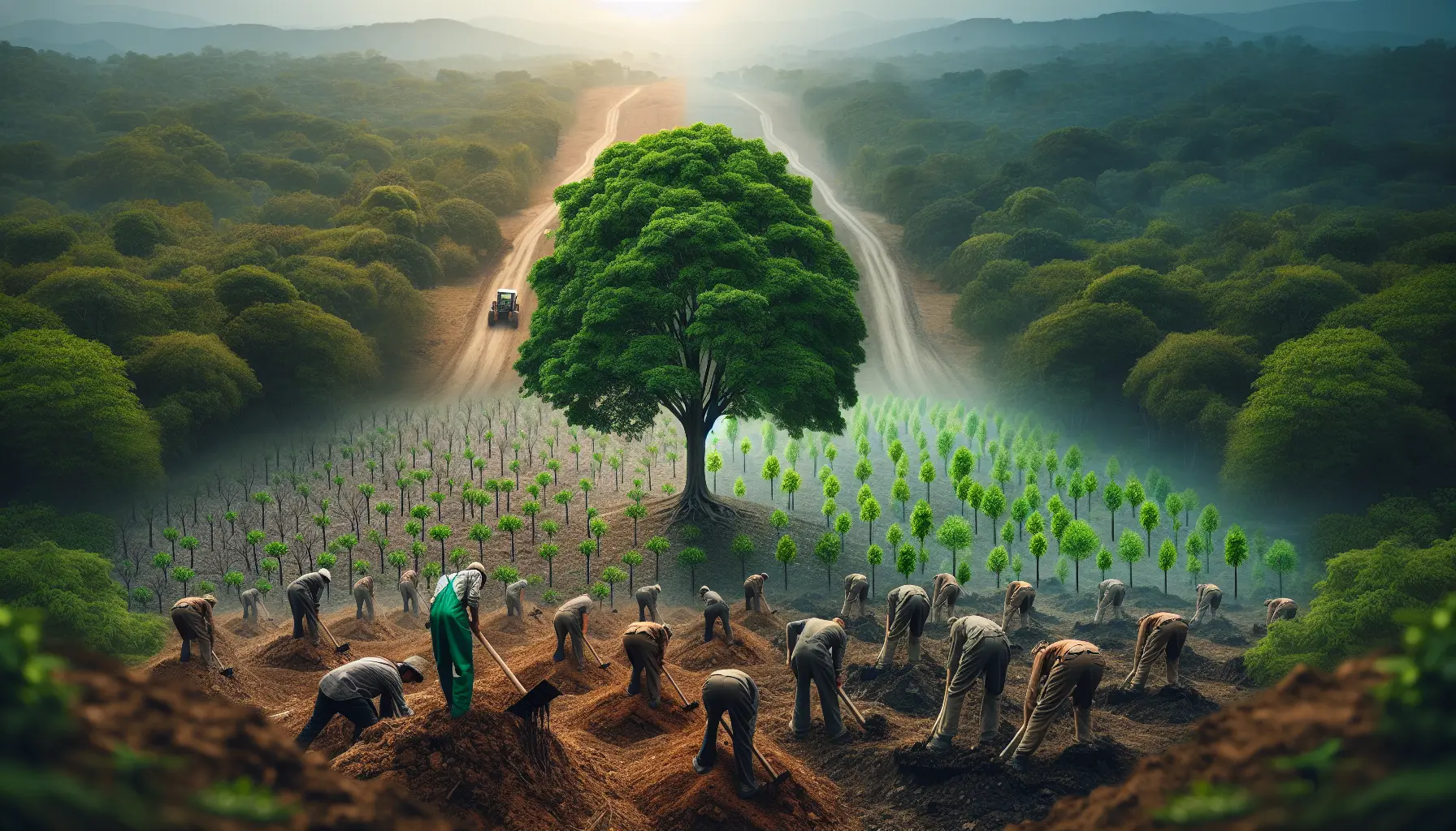 Un gruppo di volontari pianta alberi in un'area deforestata, circondati da natura verde e rigogliosa.