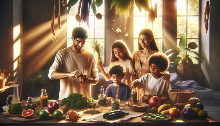 Un giardino aromatico con erbe fresche e fiori colorati, simbolo di salute e rimedi naturali.